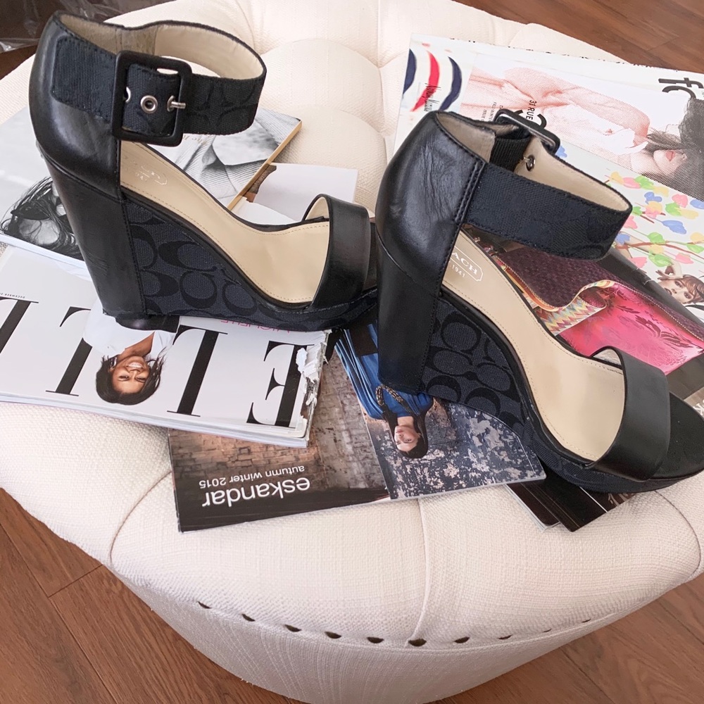 Coach Black Logo Open Toe Wedge